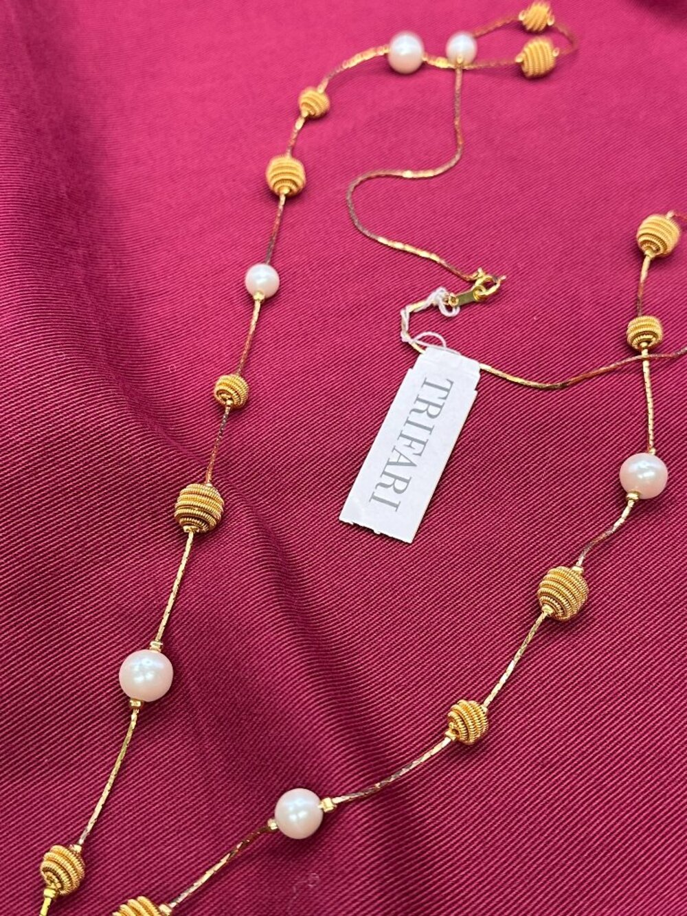 VTG Trifari Necklace Coiled Ball & Faux Pearl Station. New Old Stock